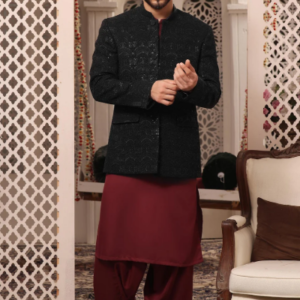 Luxury Black Sequined Prince Coat with Deep Maroon Shalwar Kameez Set