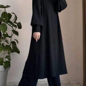 Women's Elegant Arabic Style Solid Color Casual Modest Elegant Loose Round Neck Lantern Sleeve Loose Pants Set Spring Black