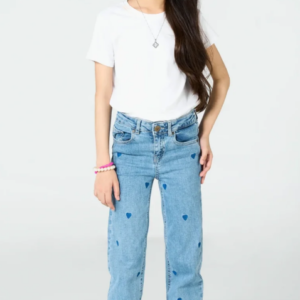 Girls' Blue Heart Printed Light Wash Straight-Leg Denim Jeans