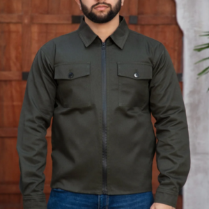 Men's Olive Green Zippered Shirt Jacket (Over-Shirt)