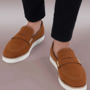Men's Tan Suede Penny Loafers with White Sole
